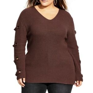 City Chic brown ribbed sweater with eyelet sleeve, NWT, 16